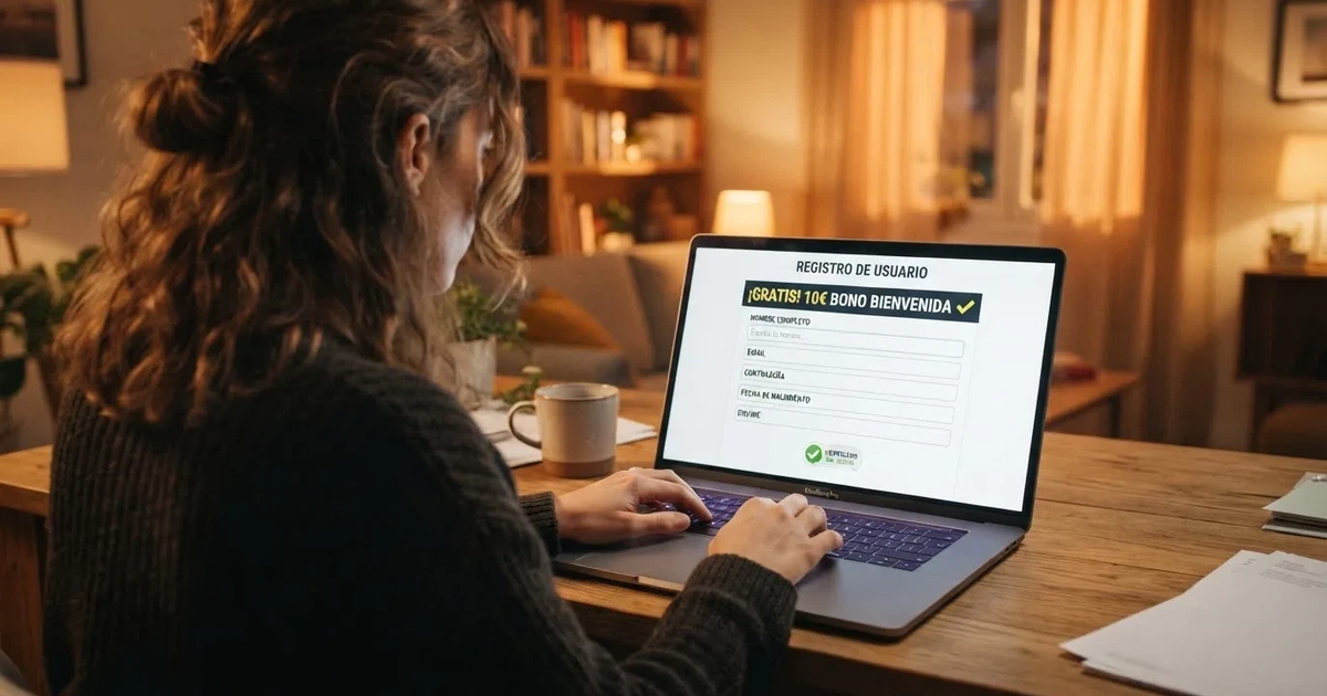 Pantalla de registro de un casino online con licencia DGOJ donde se ve la oferta de bono sin depósito de 10 euros