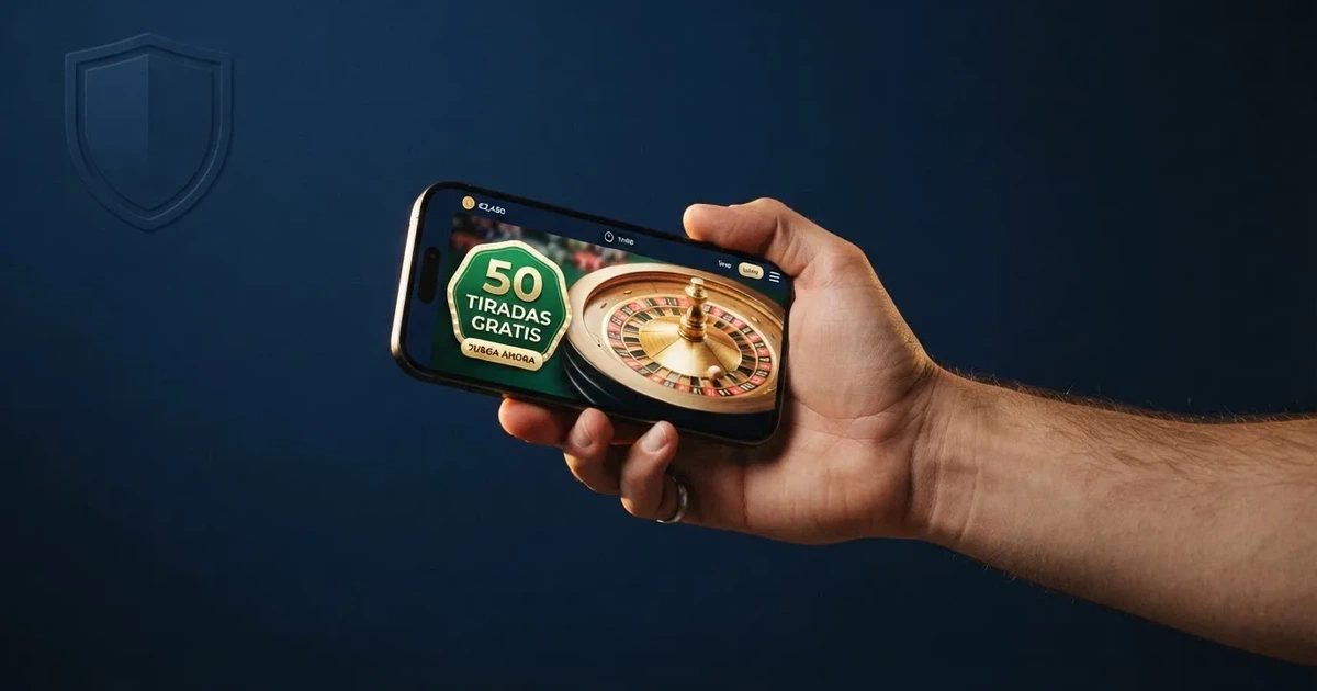 Mano sosteniendo un móvil con la pantalla mostrando una ruleta de tiradas gratis de un casino online, sobre un fondo azul oscuro con el símbolo de verificación DGOJ visible en la esquina