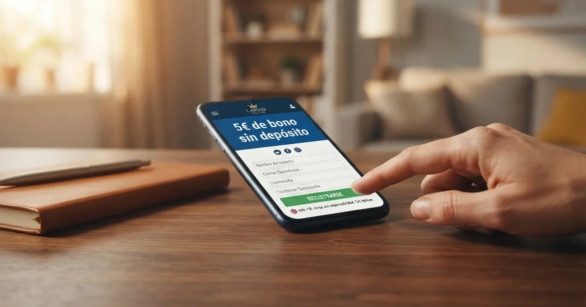 Un teléfono móvil mostrando la pantalla de registro de un casino online español con el texto «5€ de bono sin depósito» destacado en un banner
