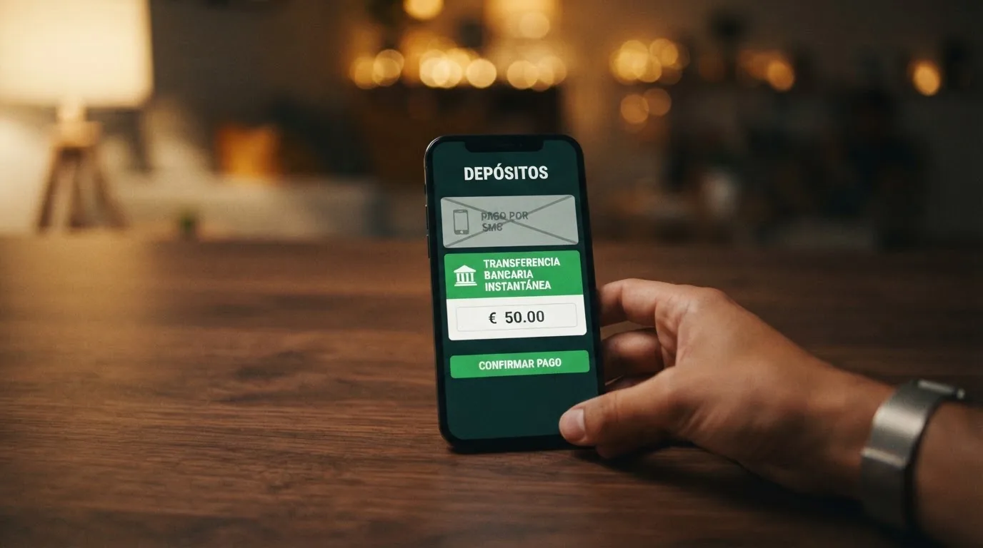 Mano sosteniendo un móvil con la interfaz de Bizum abierta mostrando la confirmación de un pago instantáneo a un casino online
