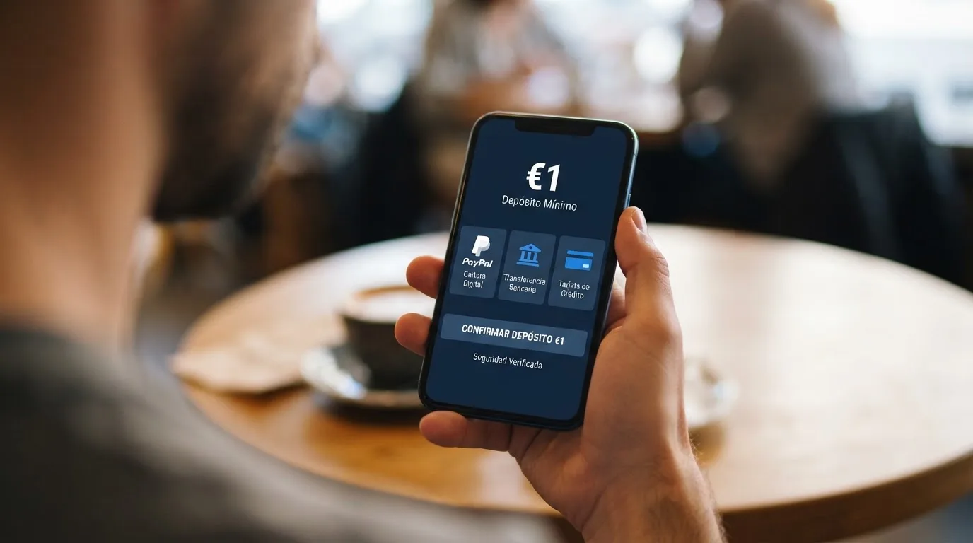 Pantalla de móvil con la interfaz de pago de un casino online y las opciones de Bizum, PayPal y tarjeta bancaria visibles