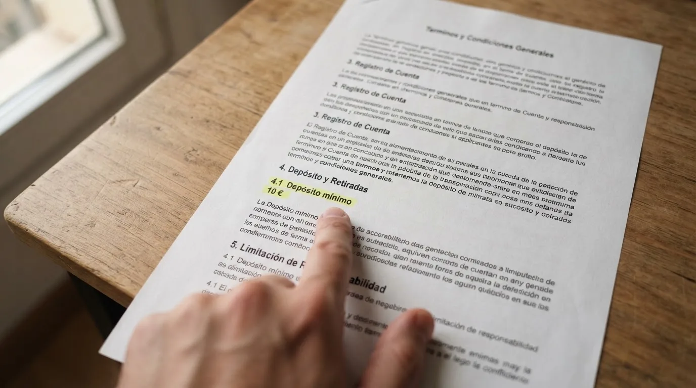 Primer plano de los términos y condiciones de un bono de bienvenida con el apartado de depósito mínimo resaltado