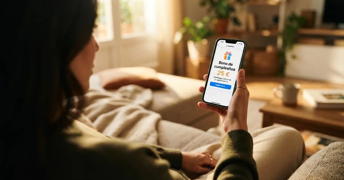 Un jugador consultando la sección de promociones de un casino online en su teléfono móvil, con un icono de regalo de cumpleaños visible en la pantalla