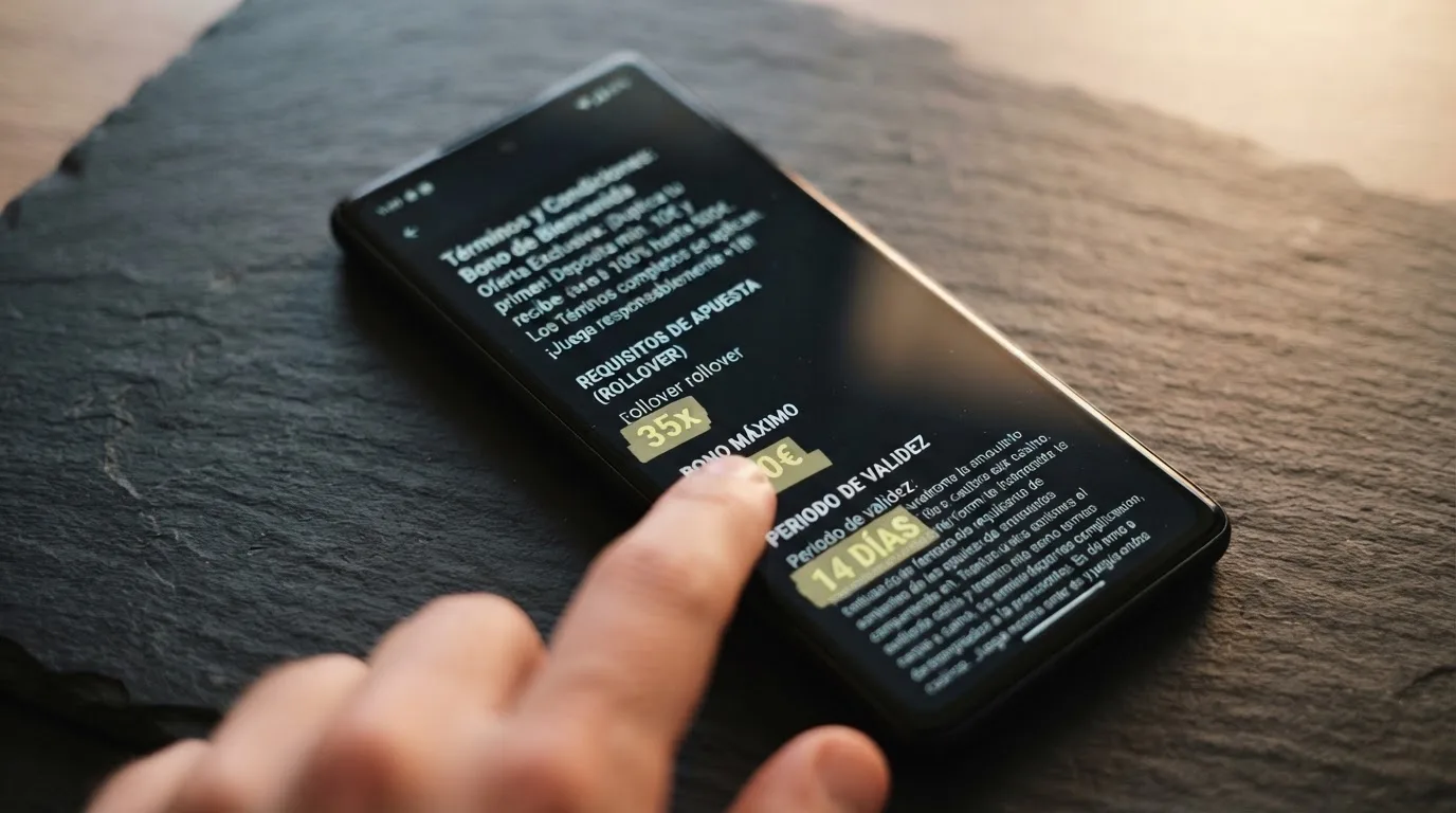 Un primer plano de un teléfono móvil con la pantalla de términos y condiciones de un bono de casino, con las cifras de rollover y validez subrayadas