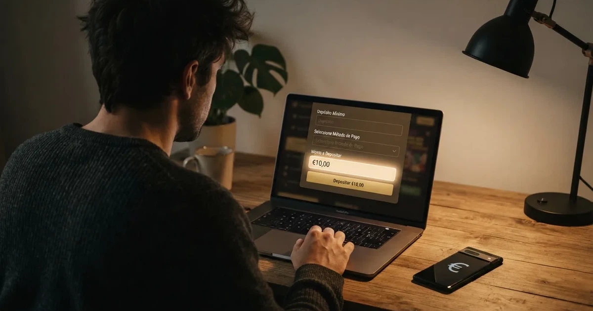 Un jugador frente a la pantalla de un casino online español con el importe de 10 euros resaltado en el formulario de depósito