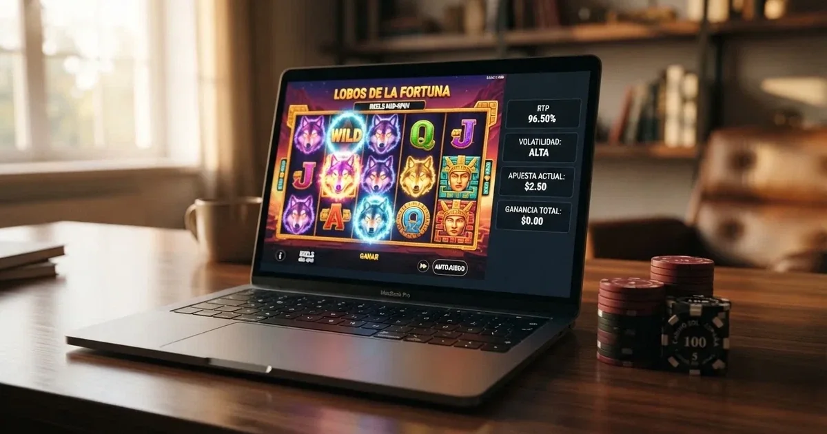 Interfaz de un casino online español con fichas, pantalla de tragaperras y un panel lateral mostrando el porcentaje de RTP