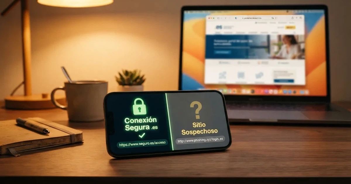 Escritorio con un ordenador mostrando la web de la DGOJ y un móvil con la pantalla de un casino online, partido por la mitad: un lado muestra un candado verde con el dominio .es, el otro un signo de interrogación sobre una URL sin .es