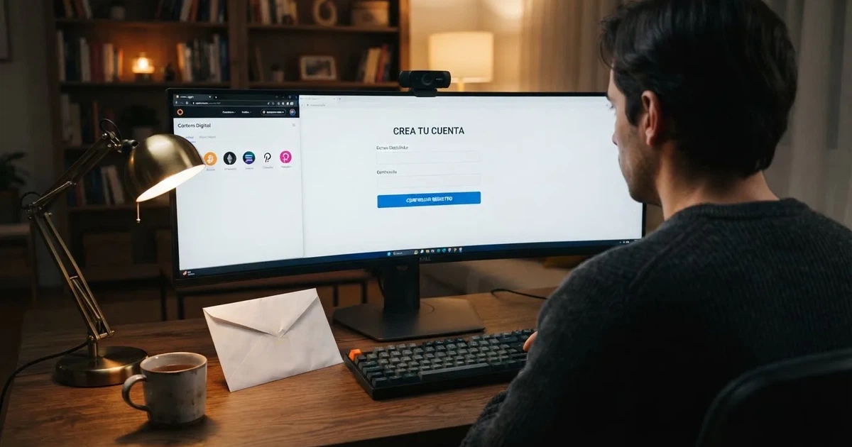 Un jugador consultando las condiciones de registro de un casino online desde una pantalla de ordenador, con un documento de identidad apartado a un lado de la mesa y una cartera de criptomonedas visible en otra pestaña del navegador