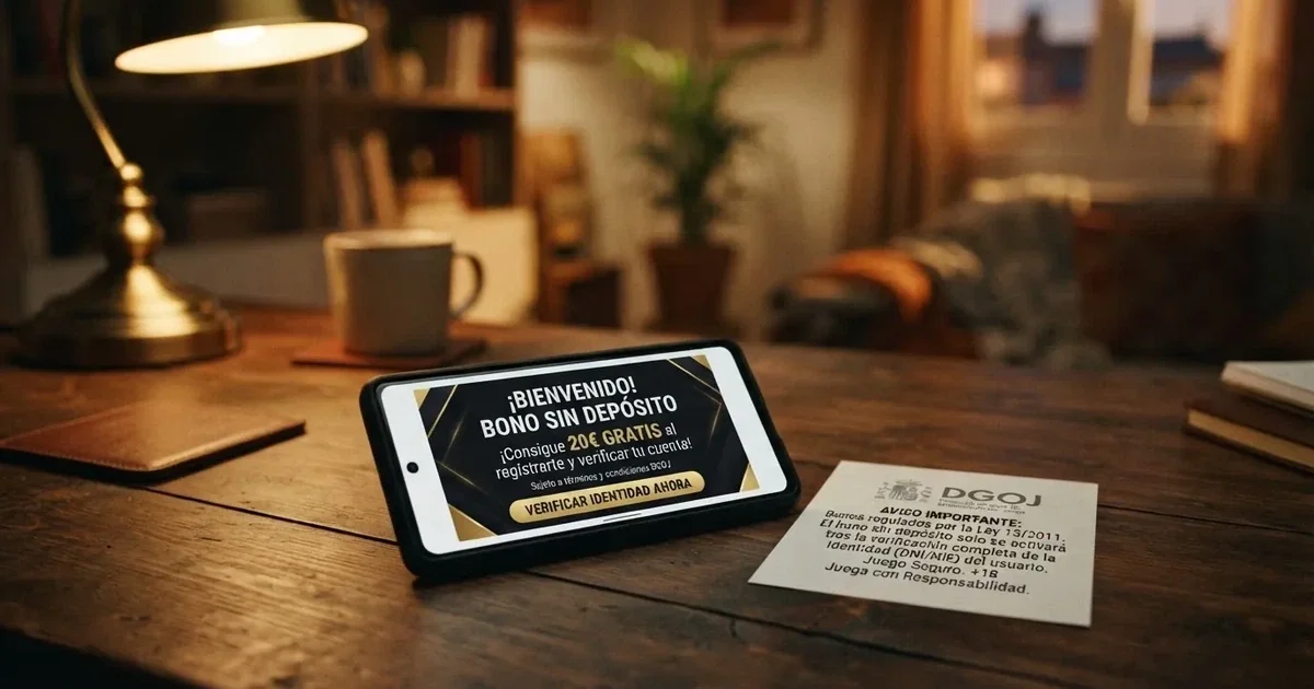 Pantalla de un casino online español mostrando una oferta de bono de bienvenida sin depósito junto al logo de la DGOJ