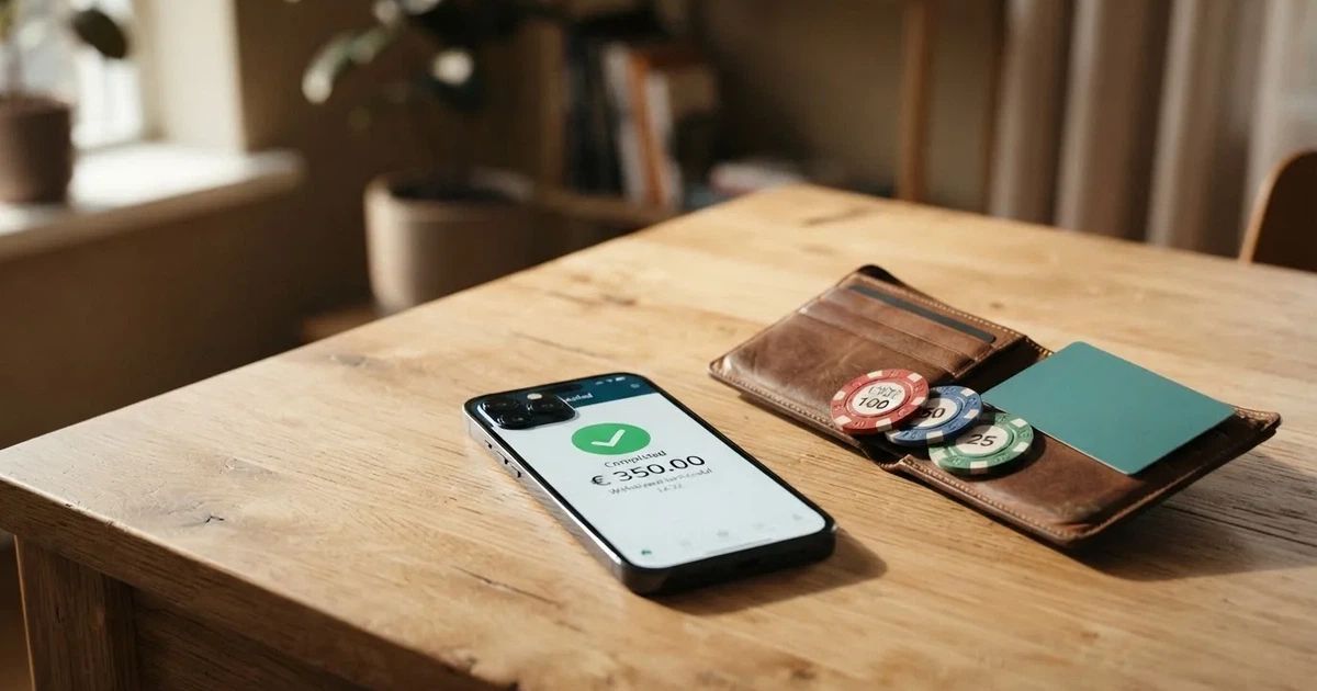 Un teléfono móvil mostrando la pantalla de retirada completada de un casino online, junto a una cartera con billetes de euro y una tarjeta bancaria sobre una mesa
