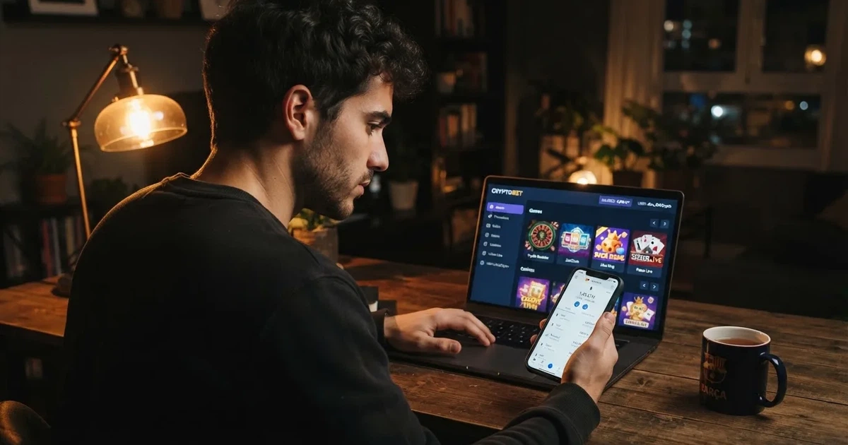 Un jugador frente a una pantalla con una wallet de criptomonedas abierta en el móvil y la interfaz de un casino cripto en el ordenador, sin documentos de identidad visibles sobre la mesa