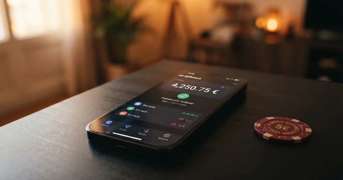 Un monedero de criptomonedas abierto en la pantalla de un móvil mostrando un saldo en XRP junto al logo de un casino online