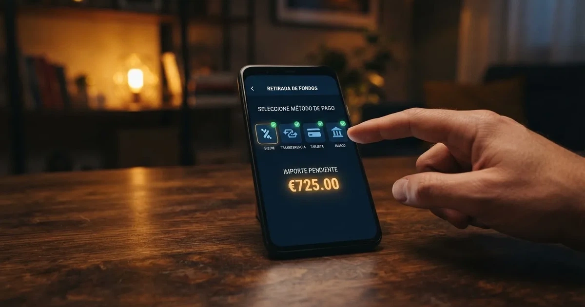 Panel de retiro de un casino online español con los métodos de pago disponibles y el importe a cobrar