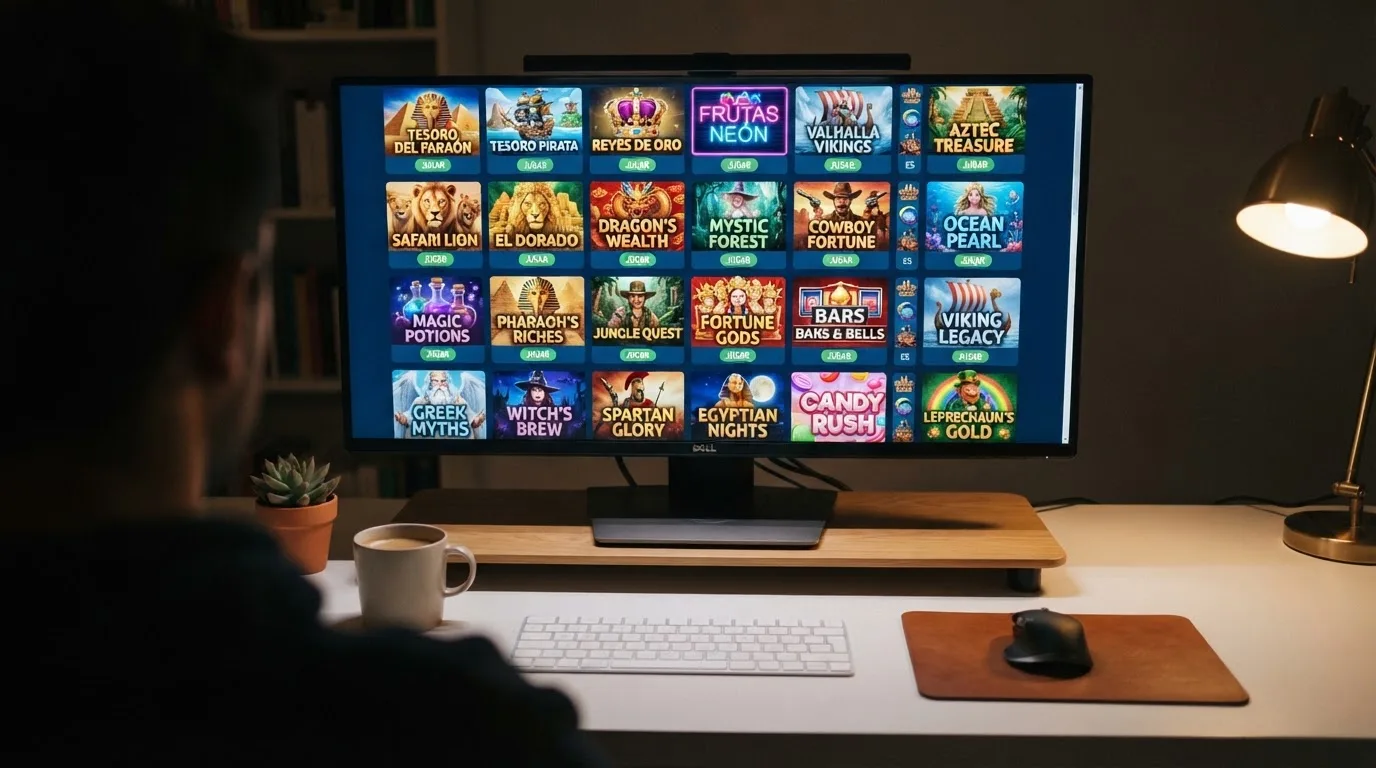 Una pantalla con una cuadrícula de carátulas de tragaperras online de proveedores como Playtech, NetEnt y MGA Games, con títulos en español