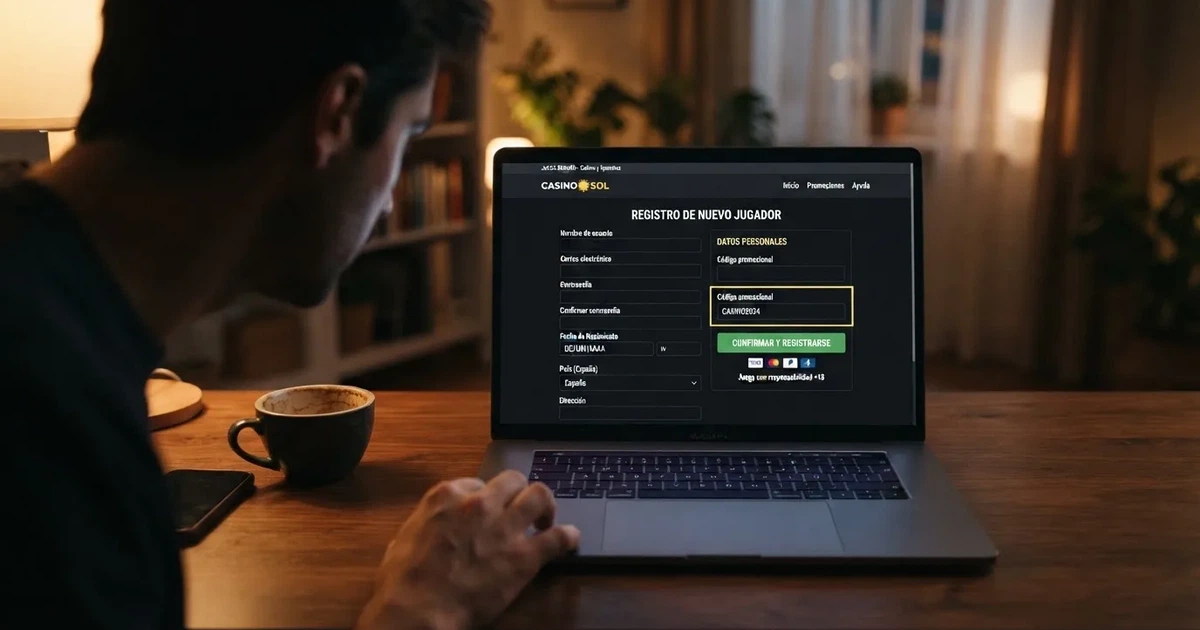 Pantalla de registro de un casino online con el campo «código promocional» visible junto al formulario de depósito