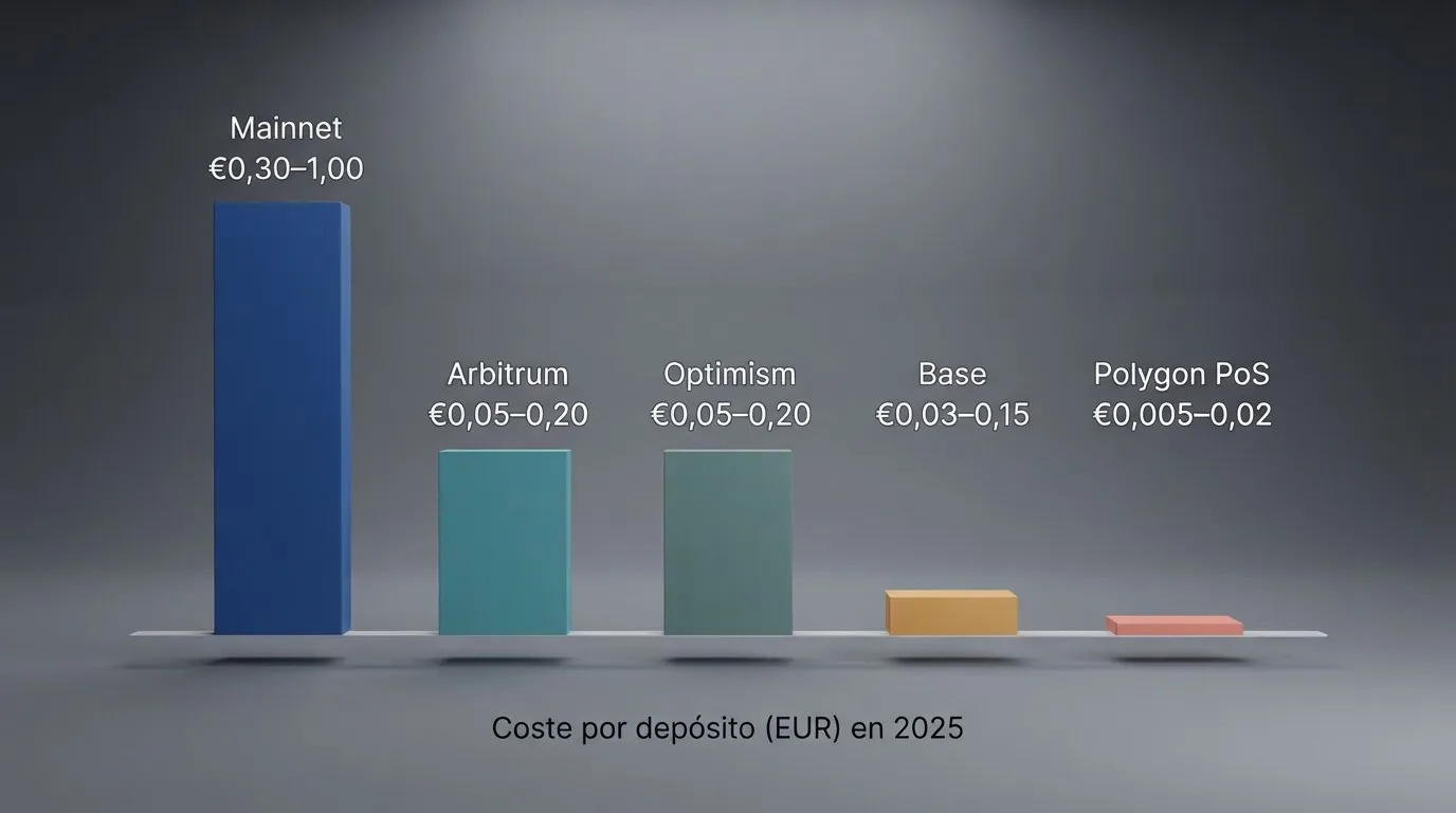 Gráfico comparativo de las cinco redes de Ethereum con sus comisiones por transacción en euros