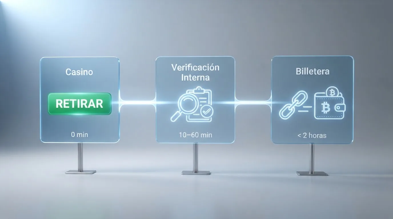 Esquema visual del recorrido de un retiro en bitcoin: desde el botón de «retirar» en el casino, pasando por el icono de revisión interna, hasta la confirmación en cadena y la llegada al monedero del jugador, con tiempos estimados en cada etapa.