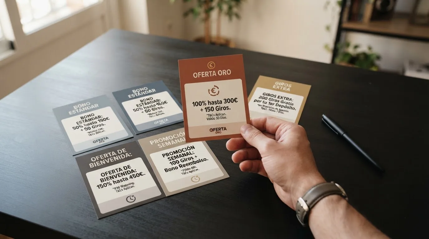 Tabla con los bonos sin depósito de varios casinos online españoles, comparando importes, tipo de bono y condiciones