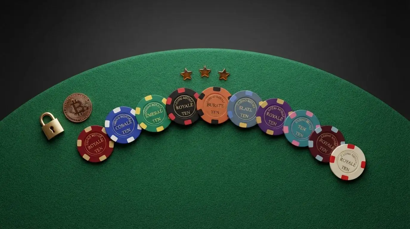 Fichas de varios casinos online con sus logotipos, puntuaciones y los iconos de licencia, candado de seguridad y símbolo de bitcoin junto a cada uno.