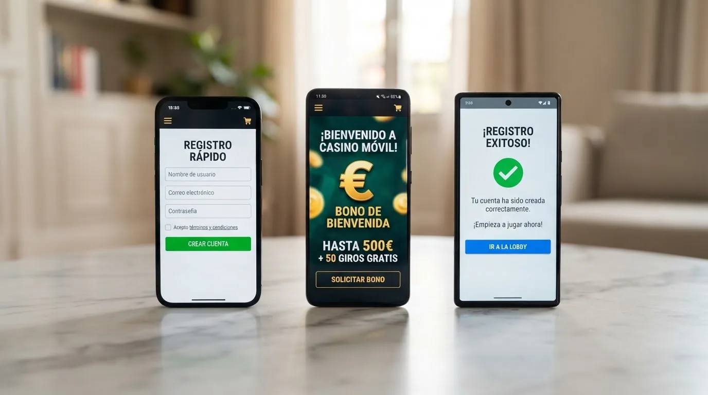 Una mesa con varios teléfonos mostrando las páginas de registro de distintos casinos online españoles, uno al lado del otro