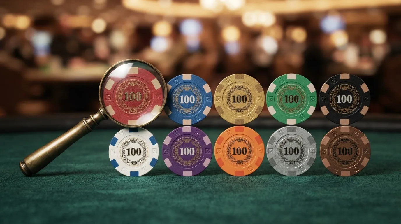 Una cuadrícula con las fichas o iconos de diez casinos online, ordenados de izquierda a derecha, con una lupa sobre el primero