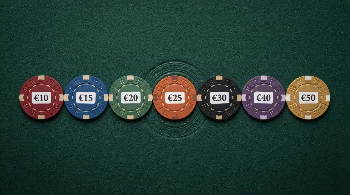 Varias fichas de casino ordenadas sobre una mesa, cada una con un importe de bono distinto y el sello de la DGOJ visible