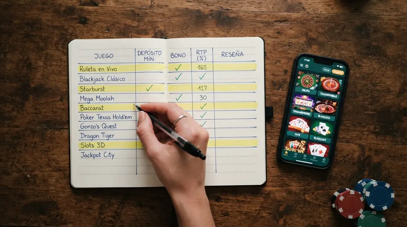 Una tabla comparativa con filas de operadores y columnas de licencia, oferta, rollover y catálogo de juegos, con los operadores con bono sin depósito destacados visualmente
