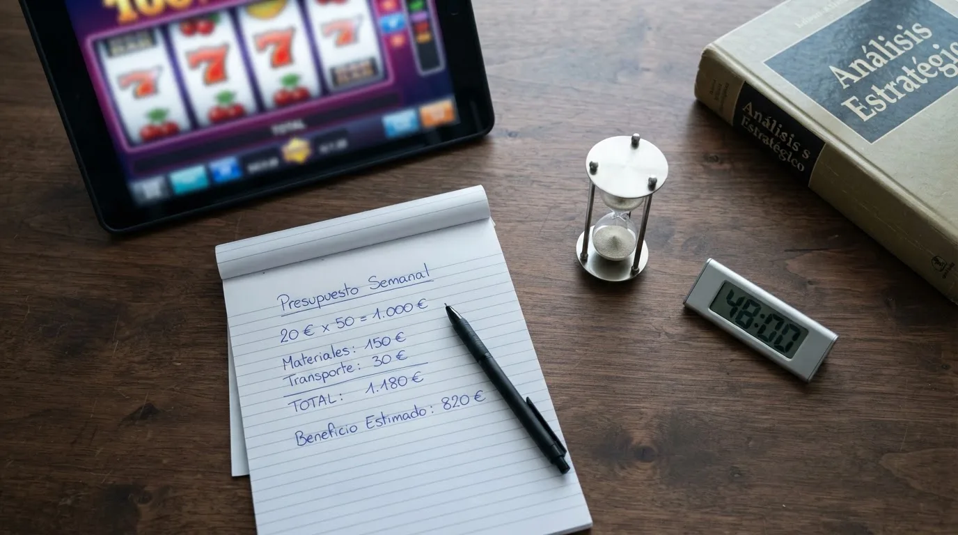 Primer plano de un calendario, un cronómetro y una calculadora sobre una mesa con la pantalla de un casino al fondo