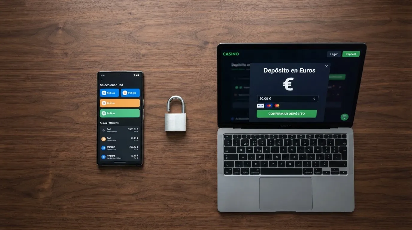 Una interfaz de wallet de criptomonedas mostrando varias redes disponibles — Bitcoin, Ethereum, USDT — junto a la pantalla de depósito de un casino online, con el símbolo de un candado entreabierto