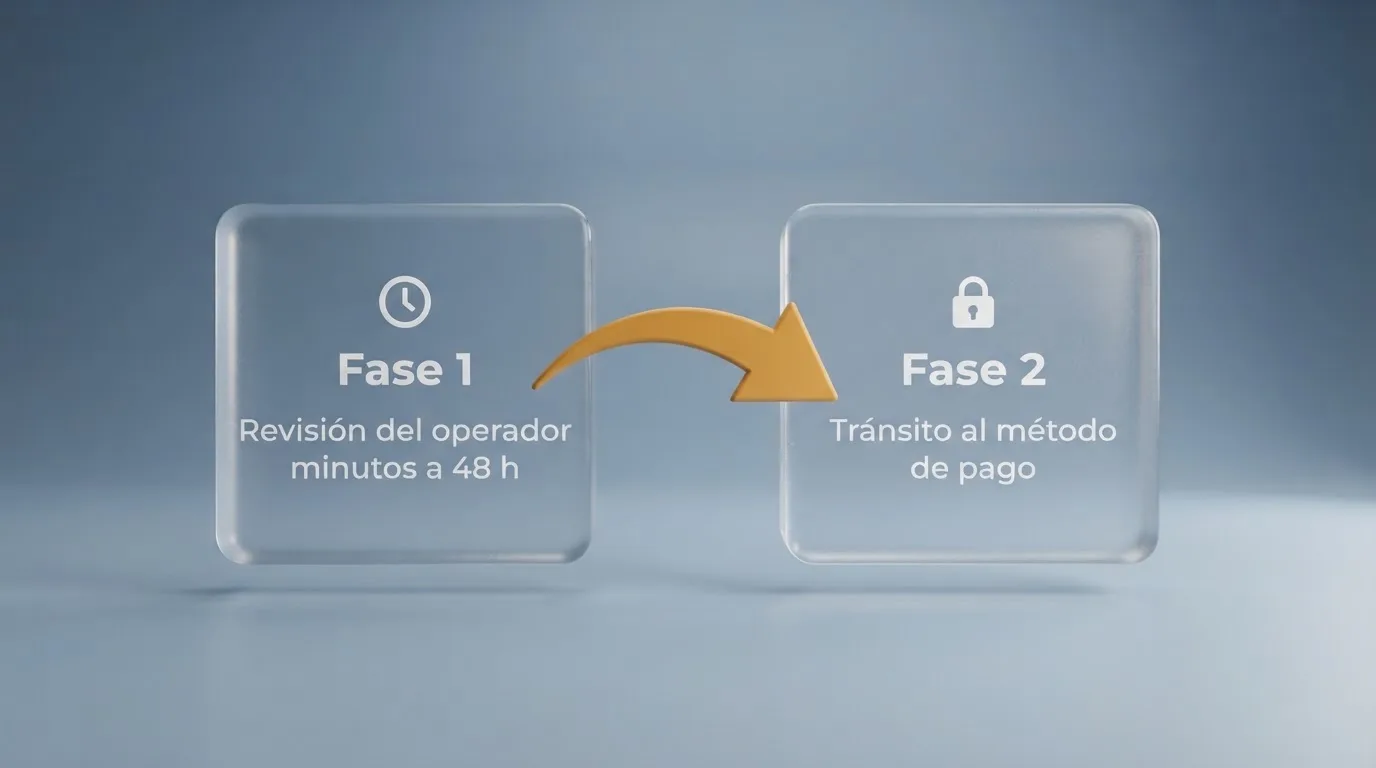 Esquema visual con dos bloques conectados por una flecha: «Fase 1 — Revisión del operador (minutos a 48 h)» y «Fase 2 — Tránsito al método de pago», con iconos de reloj y candado