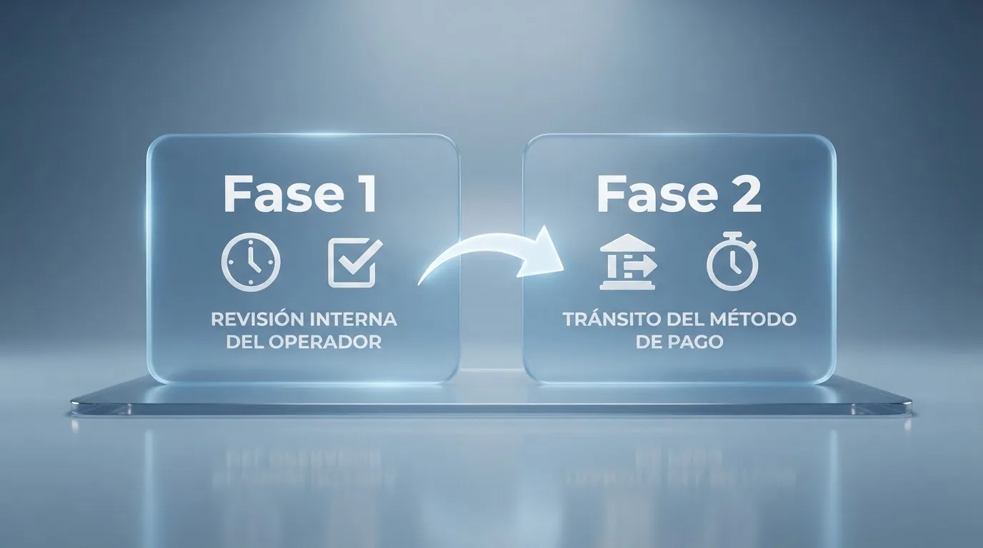 Esquema visual de las dos fases del proceso de retirada: revisión interna del operador y tránsito del método de pago