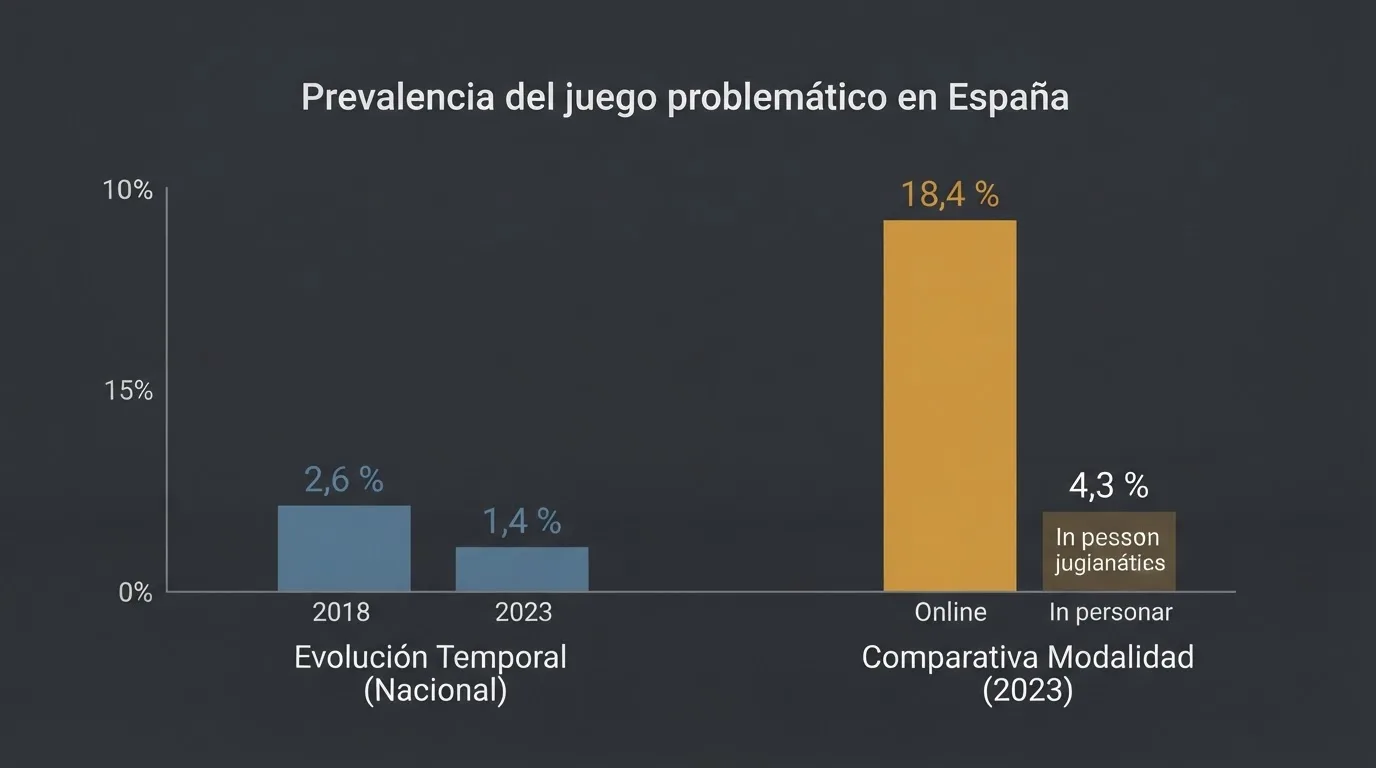 Un gráfico de barras sencillo que muestra el descenso del juego problemático en España del 2,6 % en 2018 al 1,4 % en 2026, con el porcentaje del 18,4 % para jugadores online destacado en otro color