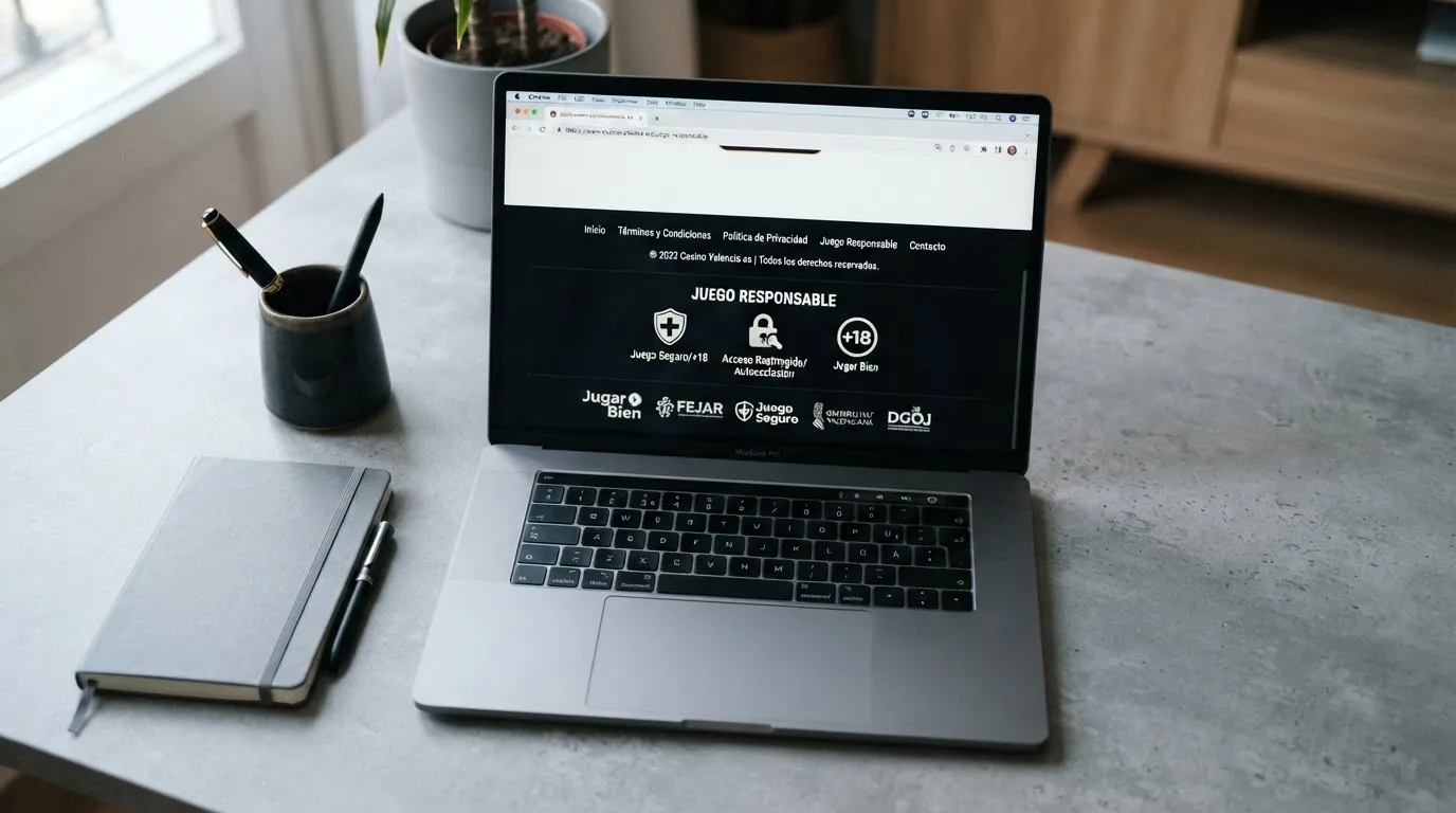 Pie de página de un casino online español mostrando el sello de la DGOJ, el dominio .es y los logos de juego responsable