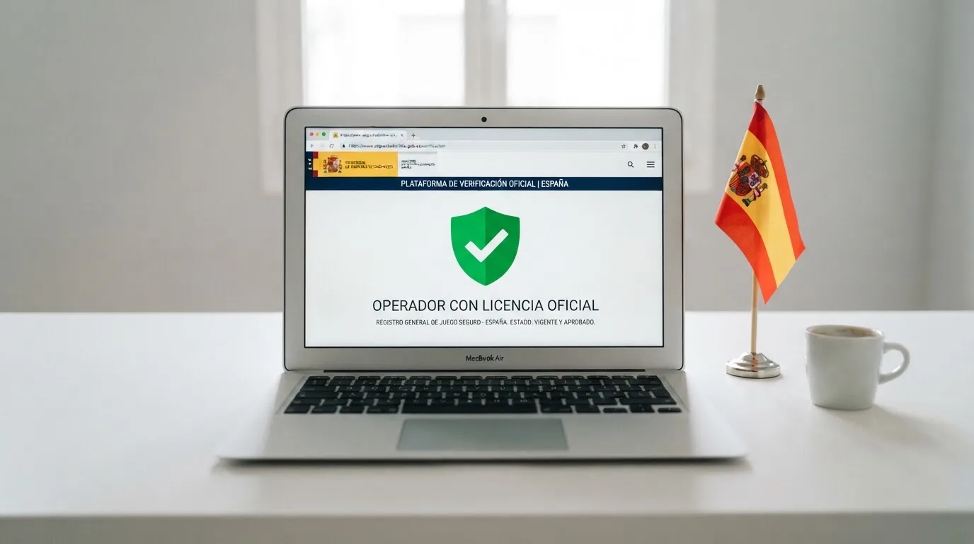 Sello oficial de la DGOJ junto al dominio .es y la bandera de España en la pantalla de un ordenador