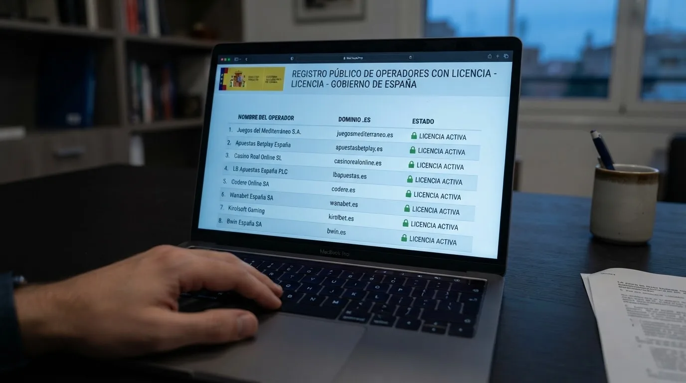 Captura parcial del registro oficial de la DGOJ en ordenacionjuego.es mostrando el listado de operadores con licencia, con un candado junto al dominio .es