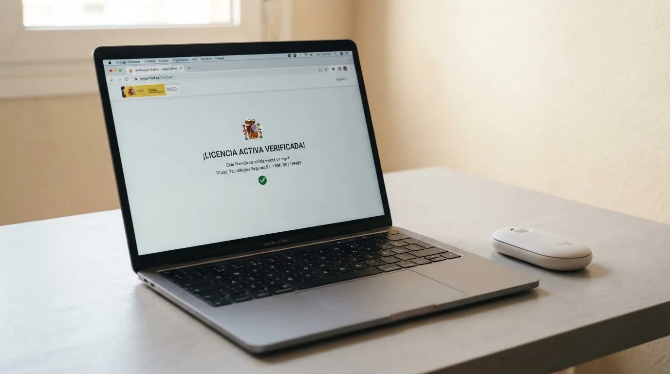 Primer plano de un certificado de licencia de la DGOJ junto a un dominio .es en la barra de un navegador