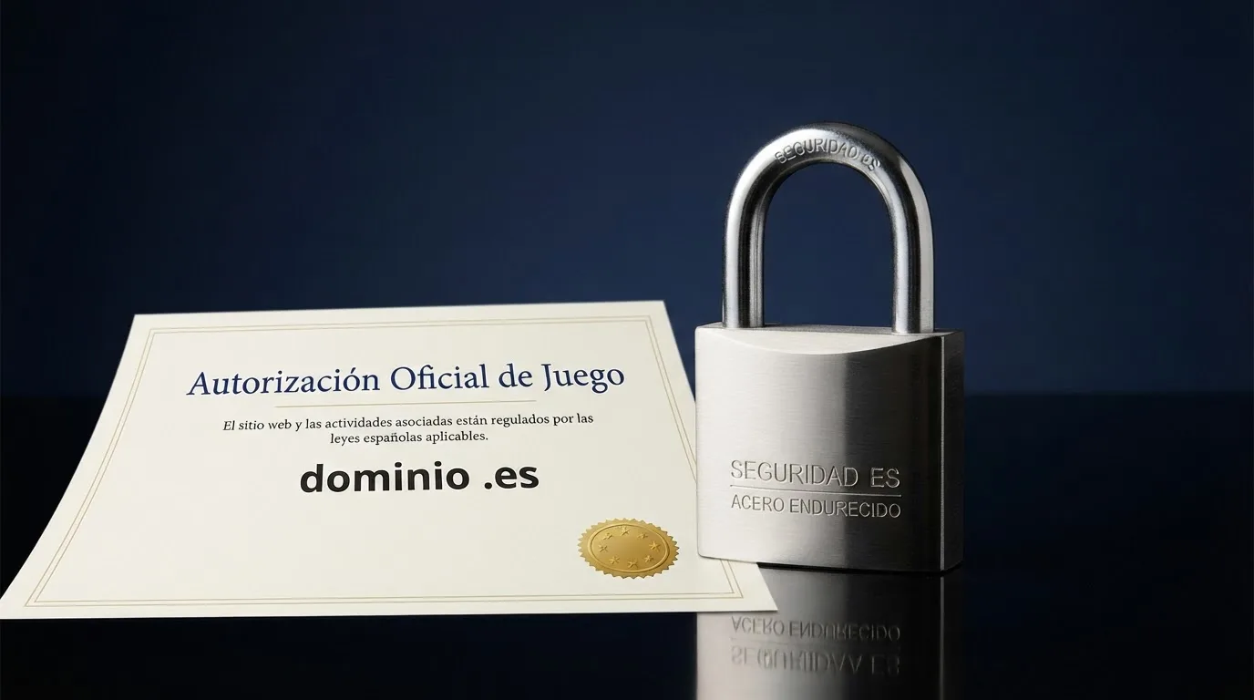 El logotipo de la DGOJ junto al dominio .es de un casino online y un candado de seguridad