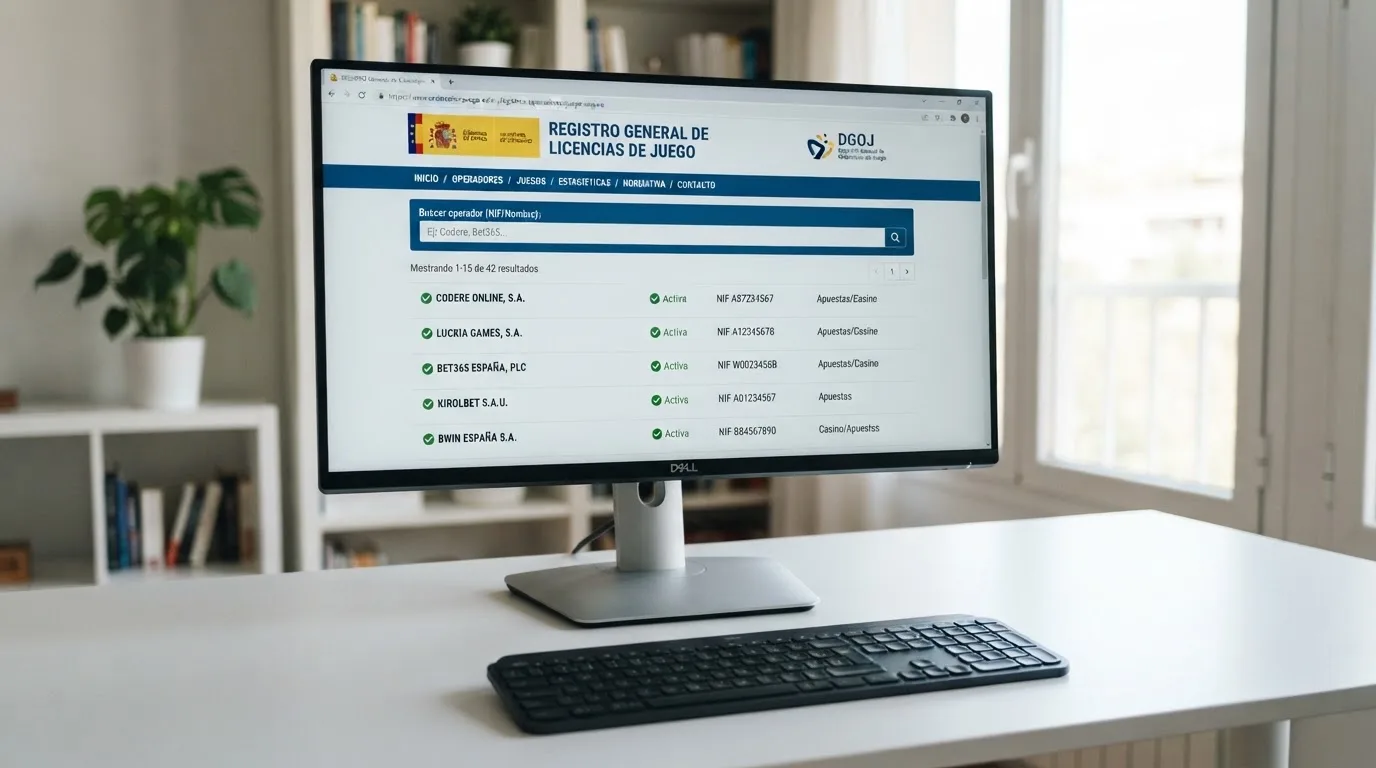 Pantalla de ordenador con la web ordenacionjuego.es abierta y el dominio .es visible en la barra de direcciones de un navegador
