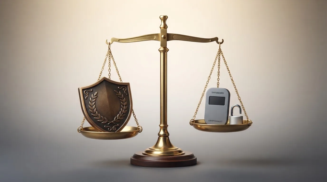 Una balanza conceptual con dos platillos: en uno, el escudo de la DGOJ junto a las protecciones del RGIAJ y los límites de depósito; en el otro, una cartera de criptomonedas y un candado abierto sin el sello de la administración española