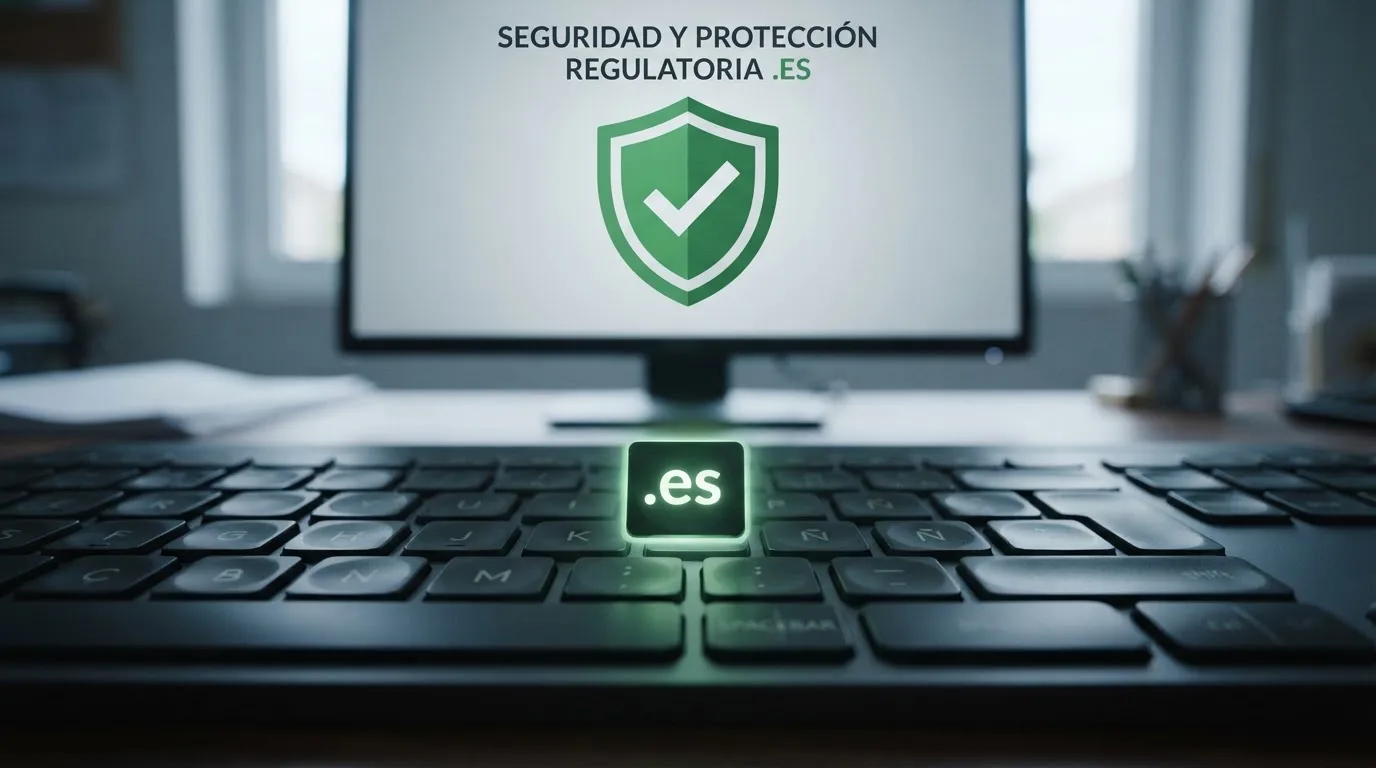 Primer plano de un teclado con la tecla «.es» iluminada junto al escudo institucional de la DGOJ en una pantalla de ordenador