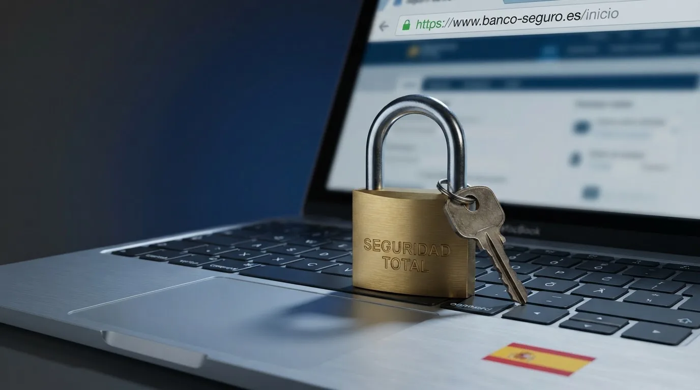 Un candado abierto sobre un teclado con la bandera de España y el texto «.es» visible en la barra de direcciones de un navegador