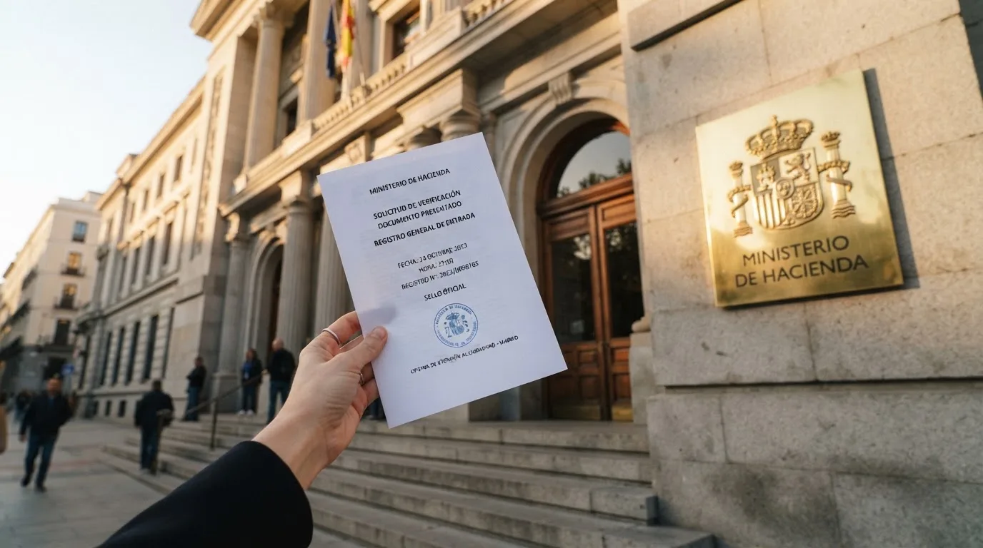 La fachada de un edificio institucional español con el escudo de la DGOJ, junto a un documento oficial con un sello de verificación