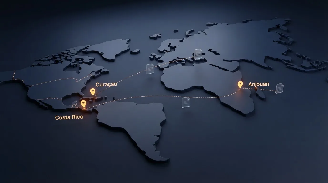 Un mapa simplificado con tres puntos señalando Curaçao, Anjouan y Costa Rica sobre fondo oscuro, con iconos de documentos legales y el contorno de España visible en el borde