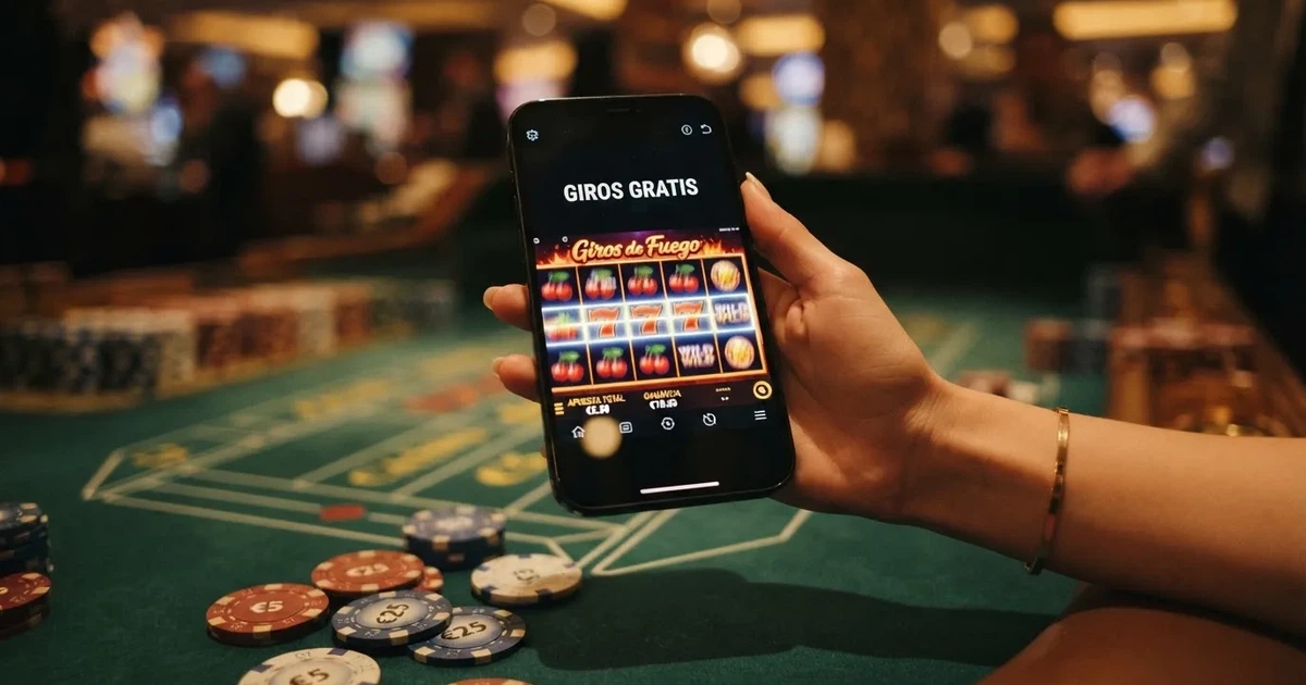 Mano sujetando un móvil con la pantalla mostrando una ruleta de slots de casino y el texto «giros gratis» en español, fondo con fichas de casino desenfocadas