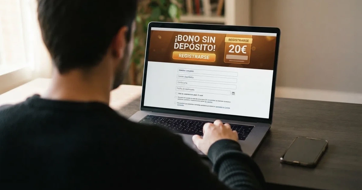 Interfaz de un casino online español con la sección de bono sin depósito destacada en la pantalla de registro