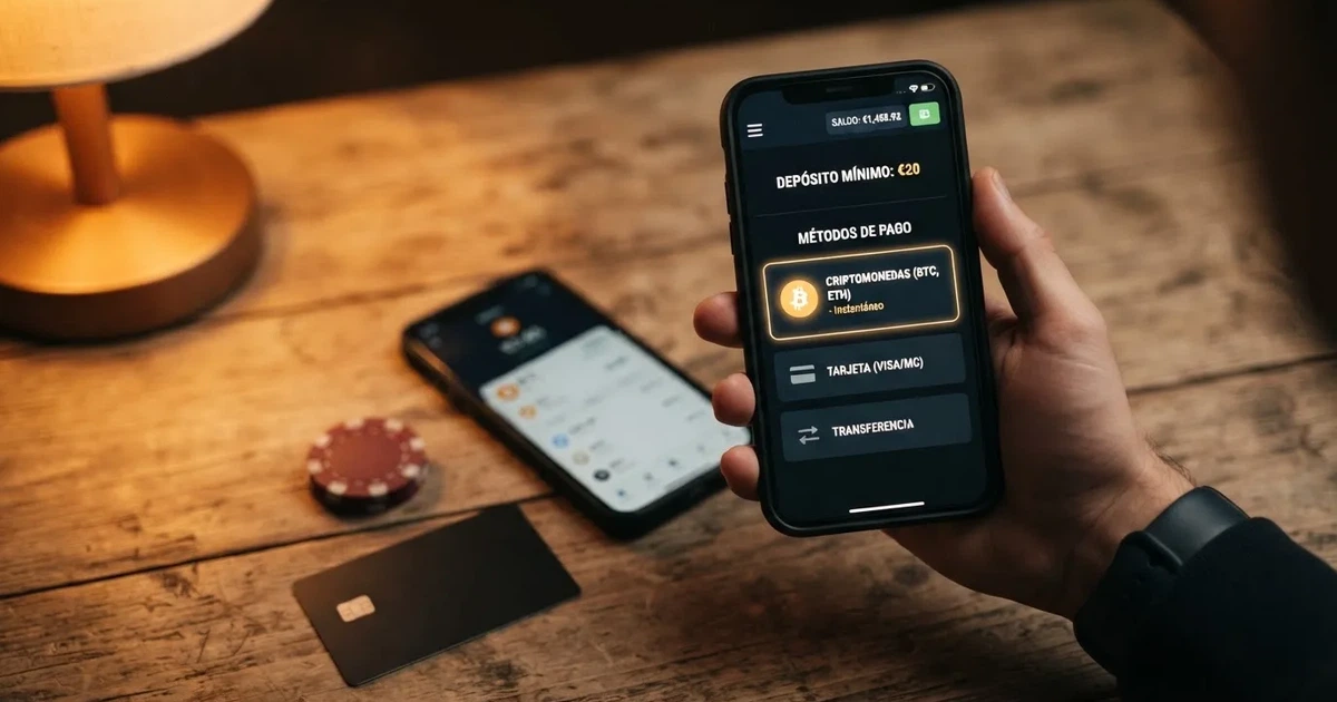 Pantalla de un casino online que muestra la opción de depósito en bitcoin junto al mensaje «pago con criptomonedas», con un monedero digital abierto en segundo plano mostrando un saldo en BTC.