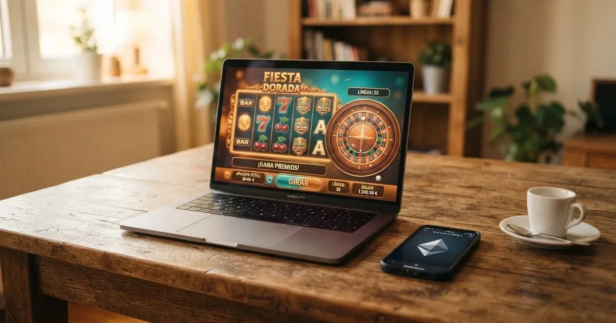 Un ordenador portátil mostrando la interfaz de un casino online junto a una cartera de criptomonedas con el logotipo de Ethereum en la pantalla