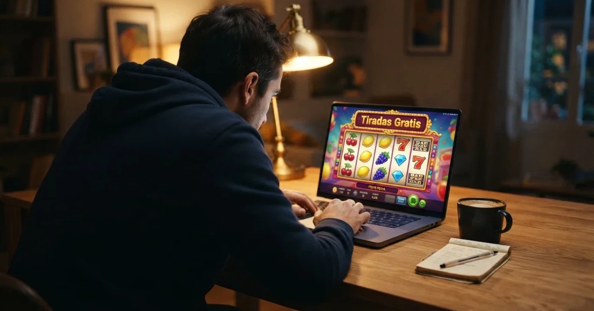 Manos sobre un teclado con la pantalla de un casino online mostrando tiradas gratis promocionales en una slot de rodillos colorida