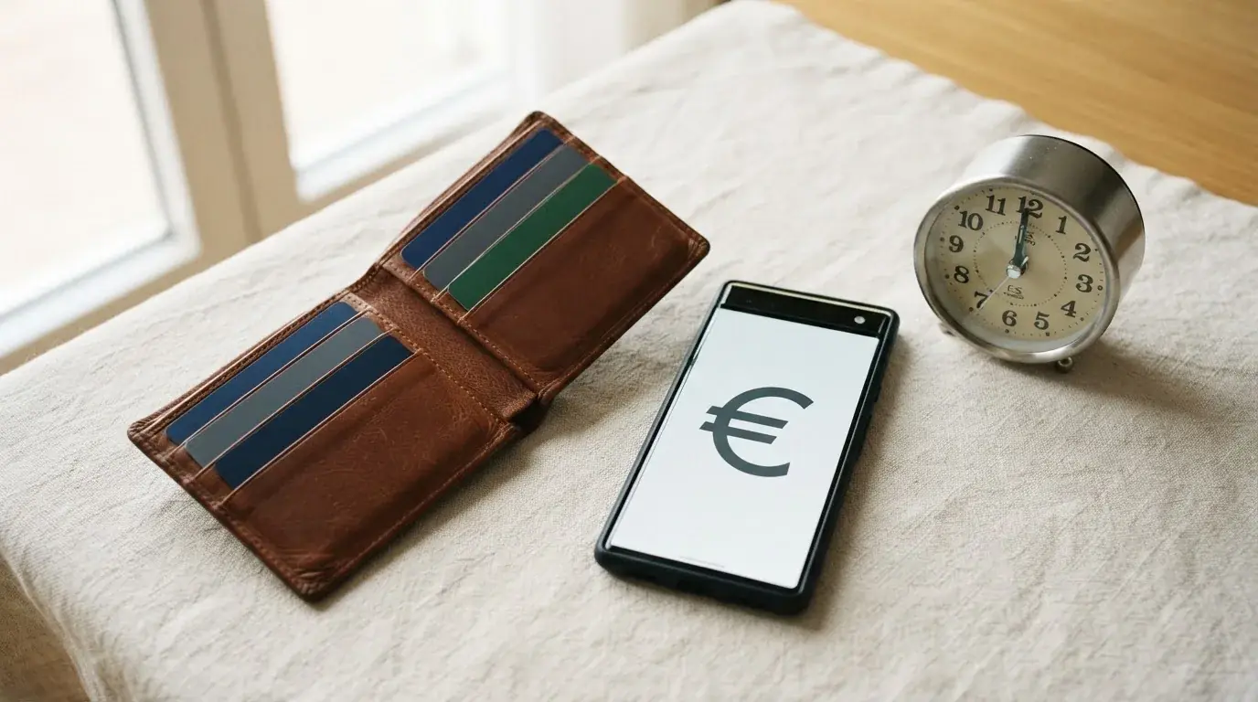 Una cartera con tarjetas bancarias, un móvil con el logo de Bizum y un reloj marcando diferentes plazos de retirada