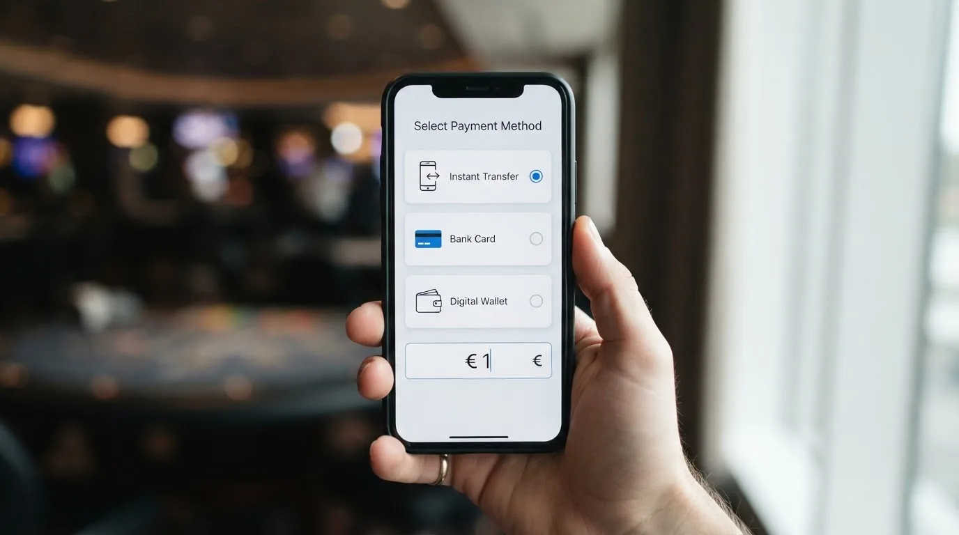 Una mano sostiene un teléfono con las aplicaciones de Bizum, PayPal y una tarjeta bancaria visibles en pantalla, sobre un fondo de interfaz de casino